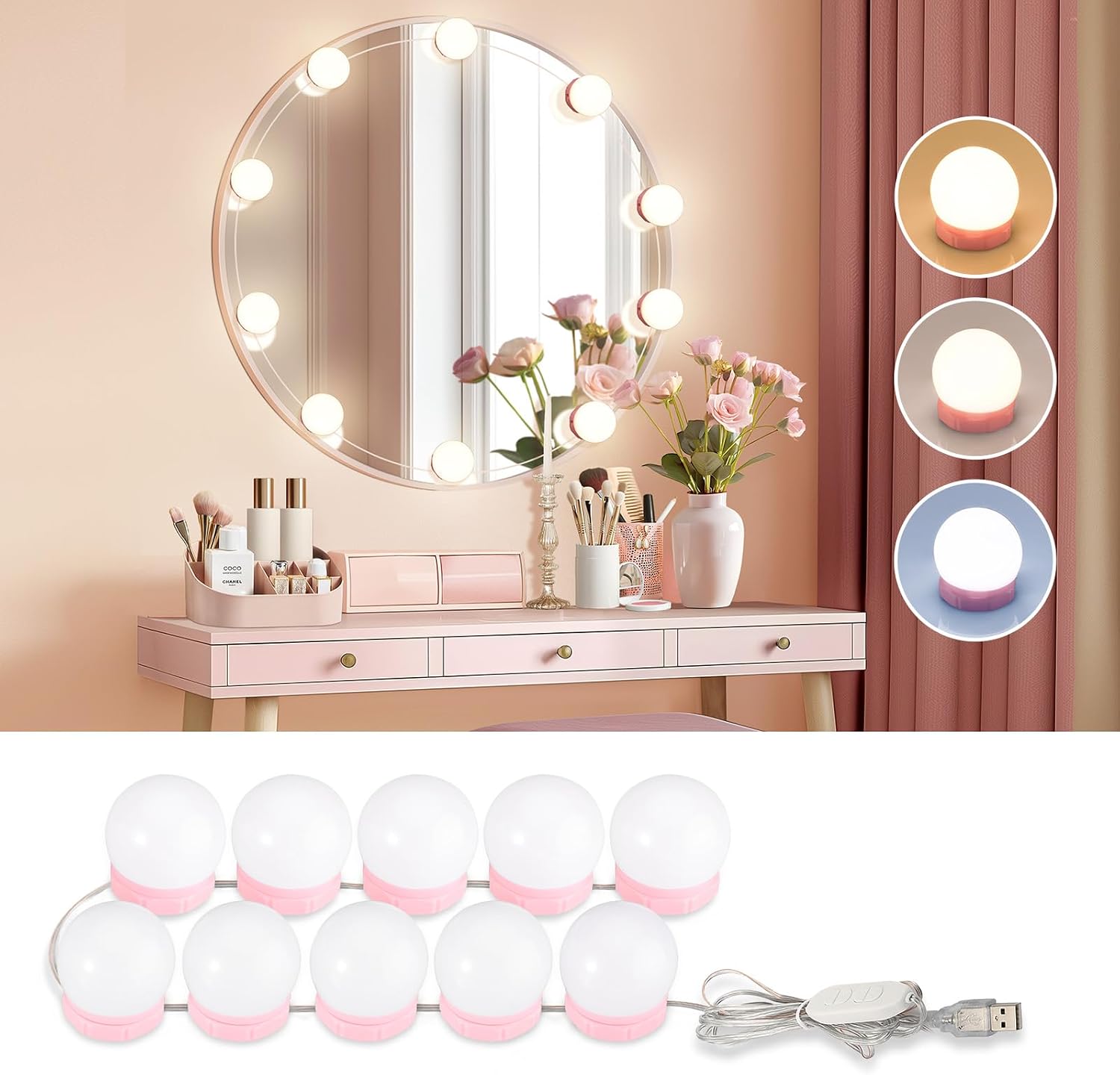 Consciot LED Vanity Lights for Mirror, Hollywood Style 10 Dimmable Bulbs | Adjustable Color & Brightness, USB Cable, Mirror Lights Stick on for Makeup Table Dressing Room Mirror - Image 8